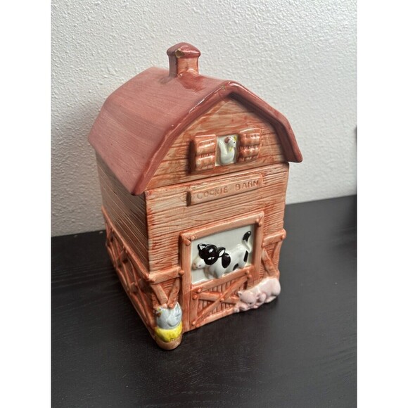 Red Country Cookie Barn Ceramic Cookie Jar with‎ Farm Animals Cow Pig Chicken - Picture 2 of 15